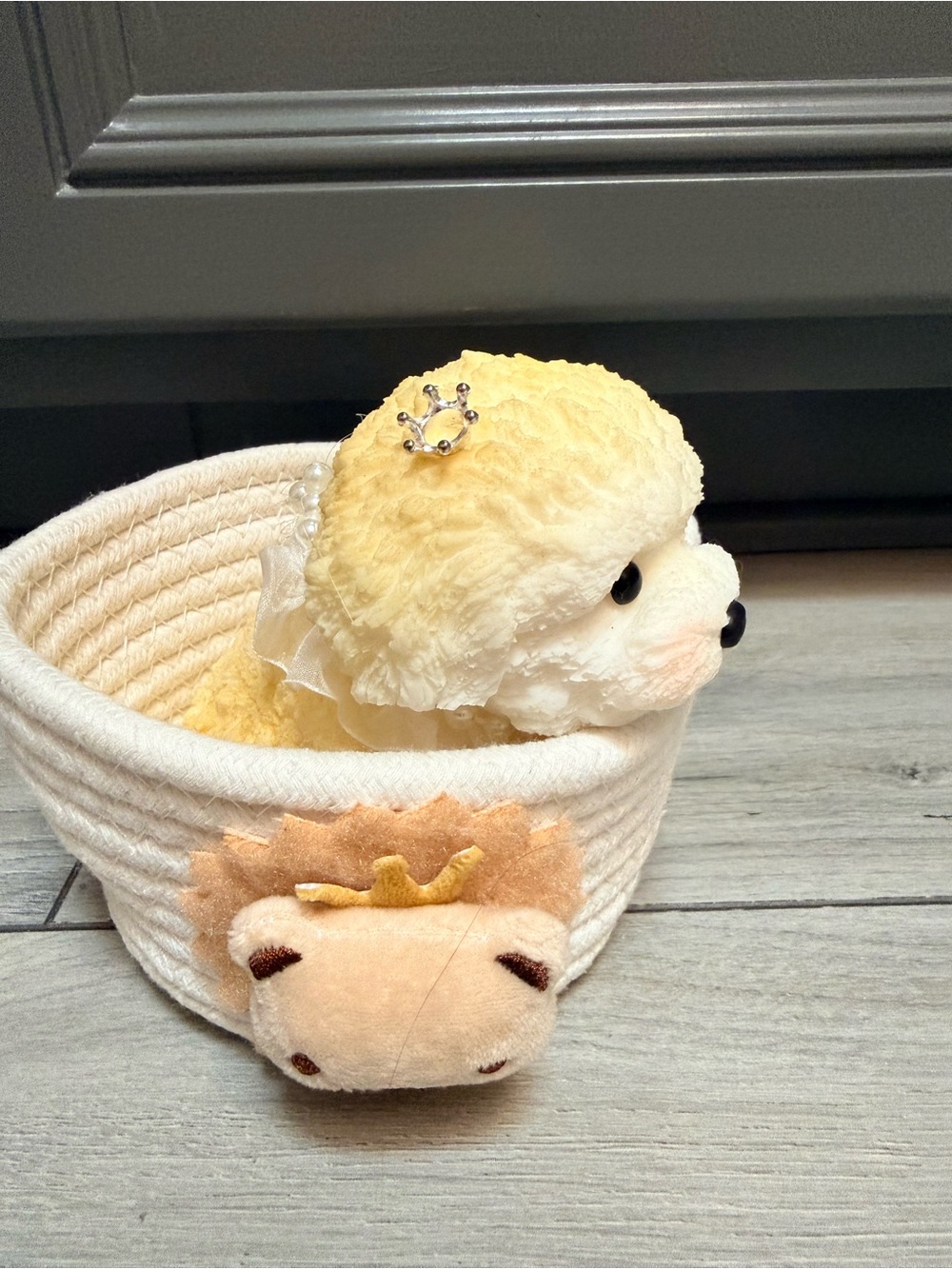 Mochi Squishy Puppy Toy in Cream Rope Basket - Kids Toy